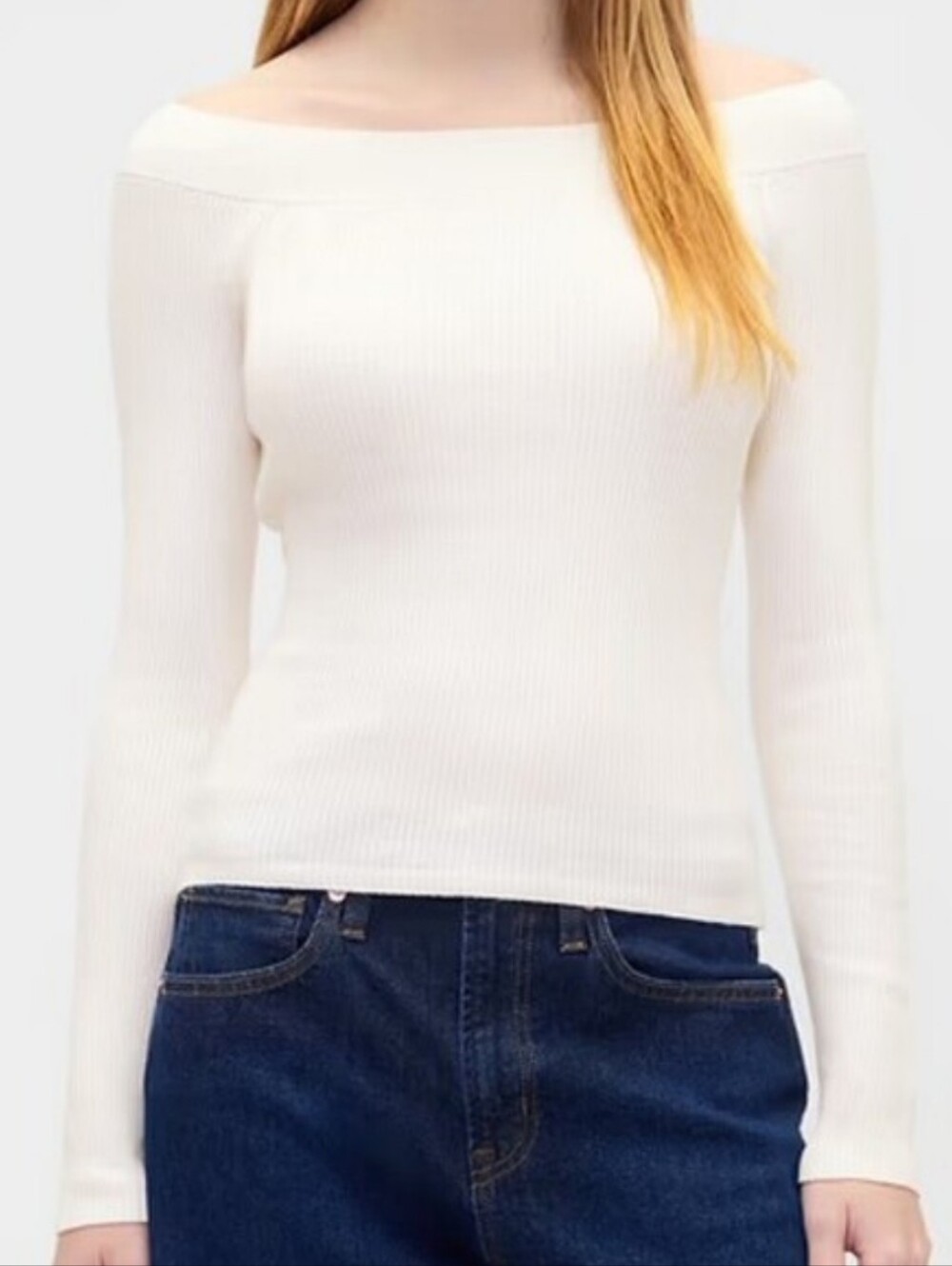 NWT- GAP Cotton Blend Ribbed Off-Shoulder Long-Sleeve Milk White Sweater- Size M